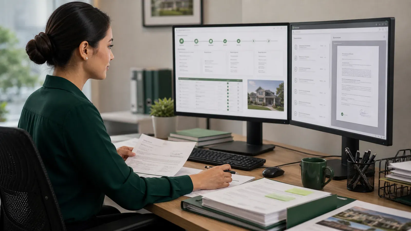 Mortgage loan officer assistant organizing borrower documents and loan pipeline