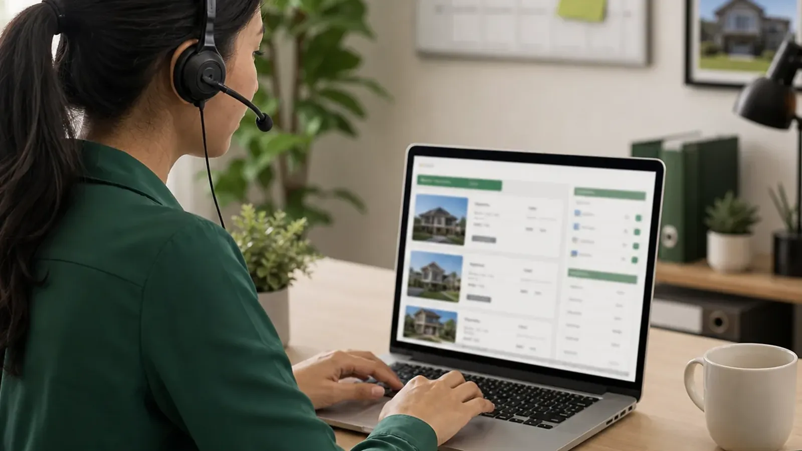 Real estate virtual assistant updating listings and CRM records on a laptop