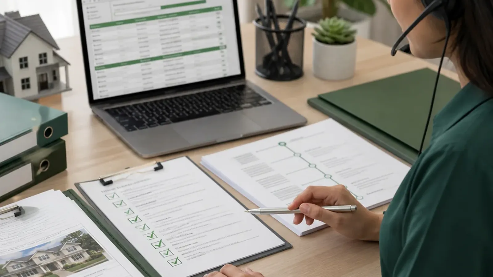Transaction coordinator reviewing a closing checklist and contract documents